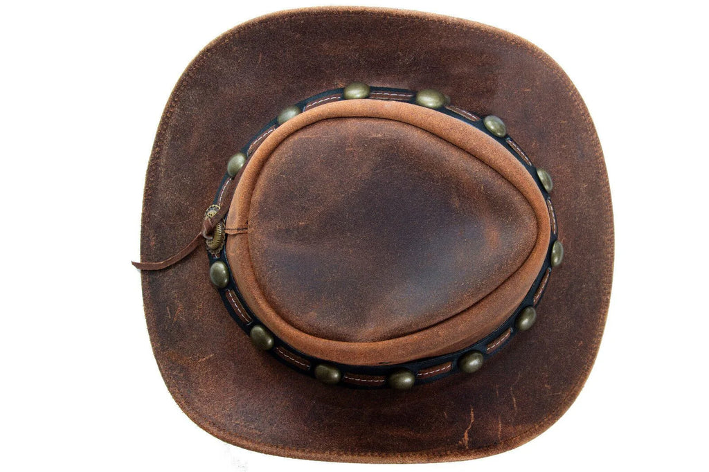 Antique Brown Buff Studded Western/Bush Style Leather Hat