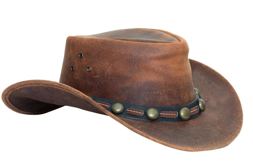 Antique Brown Buff Studded Western/Bush Style Leather Hat