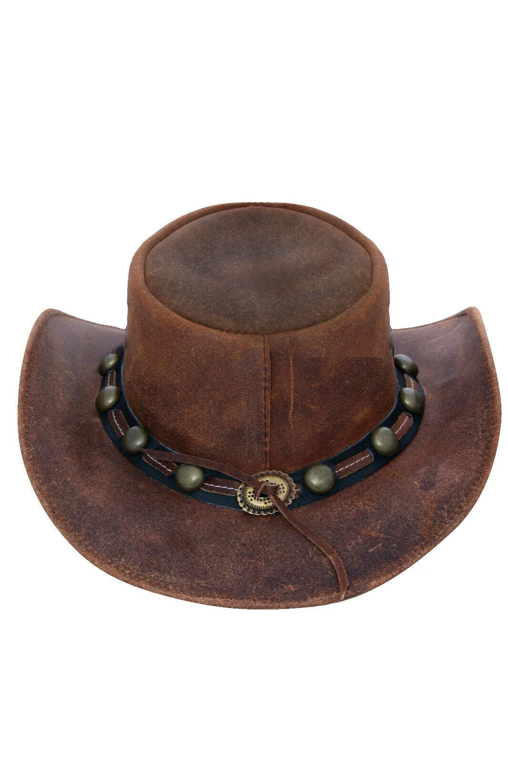 Antique Brown Buff Studded Western/Bush Style Leather Hat