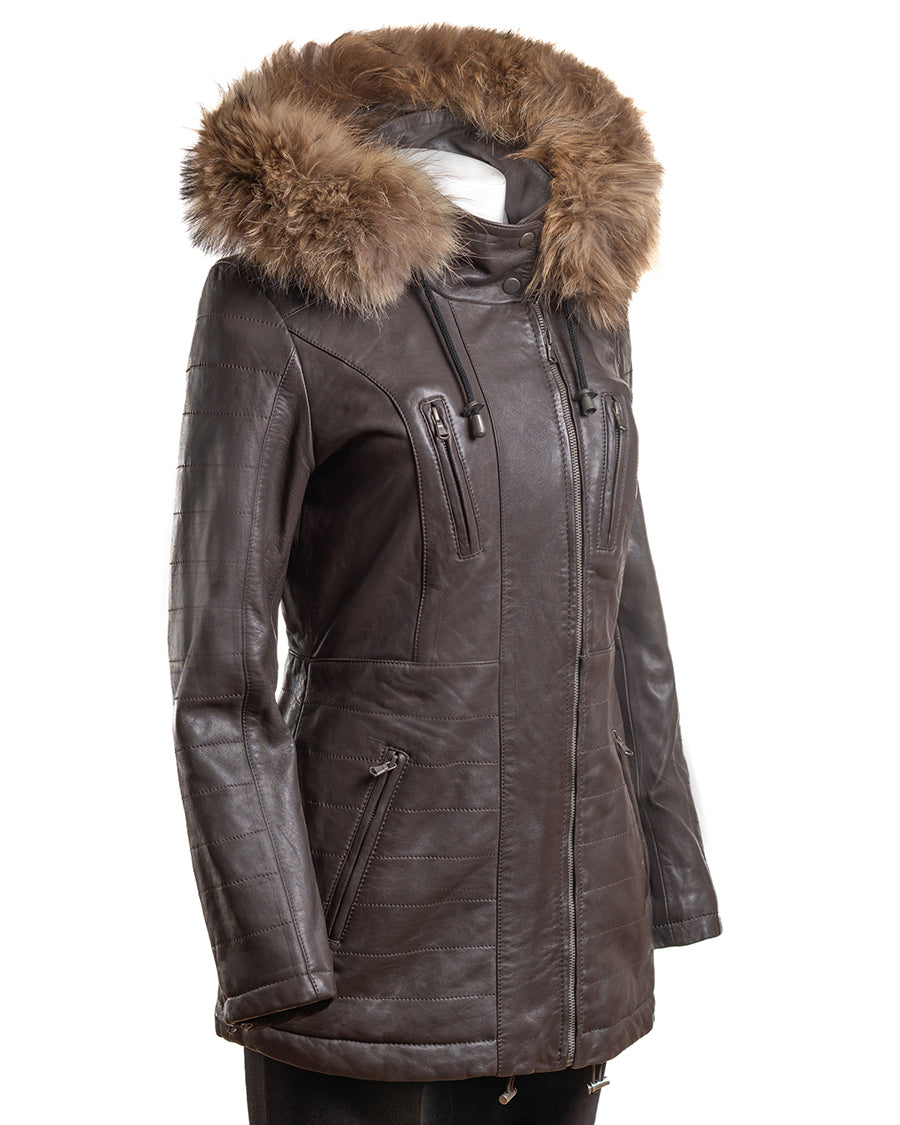 Ladies Dark Brown Horizontal Panel Parka Coat With Detachable Hood - Sofia