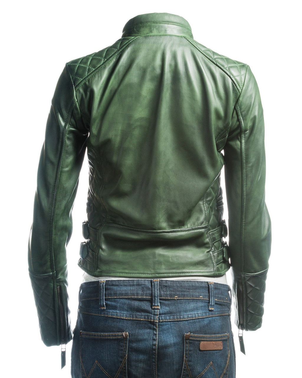 Ladies Green Slim Fit Diamond Quilted Biker Style Leather Jacket With Detachable Hood: Flora